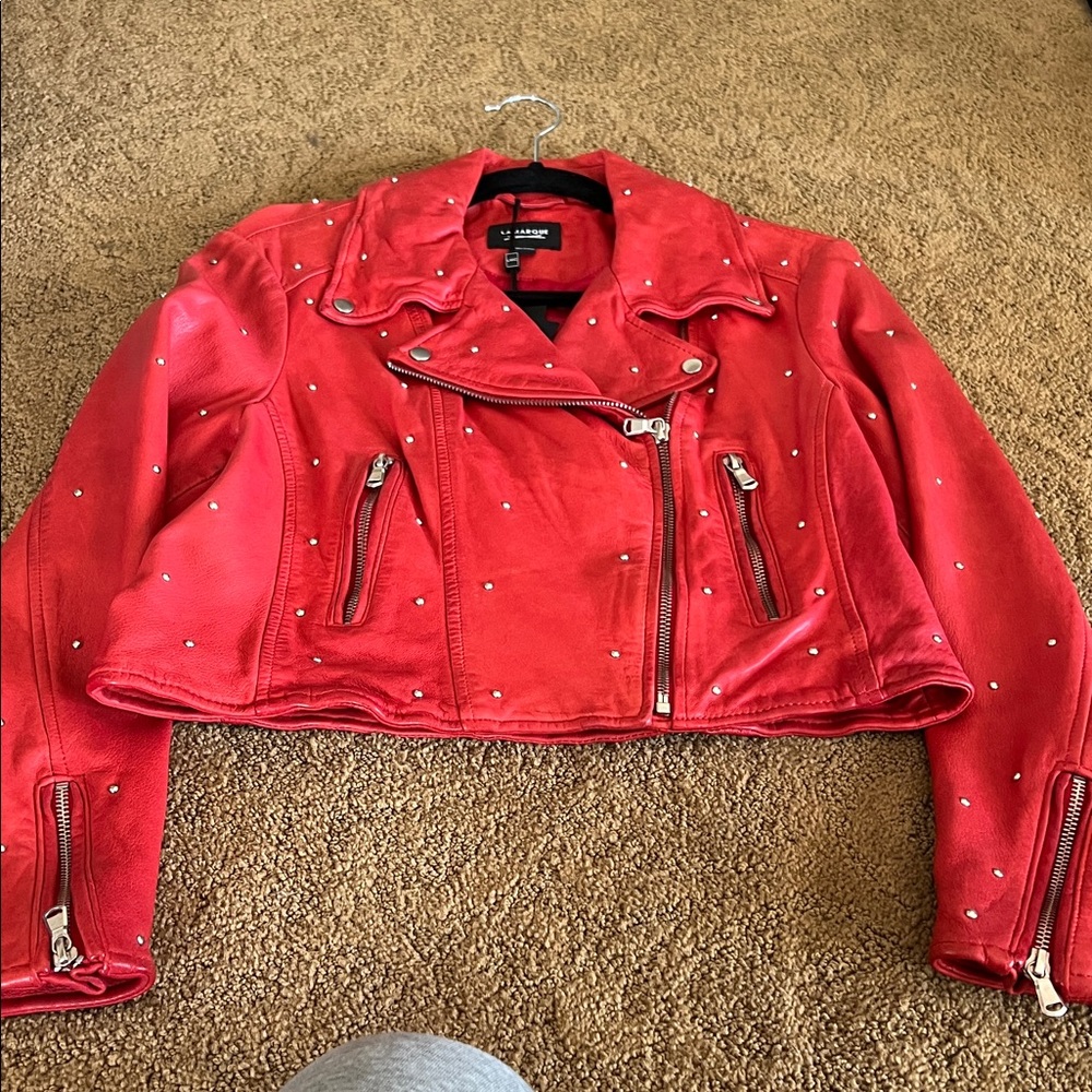 Lamarque Red Leather Jacket with Silver Details